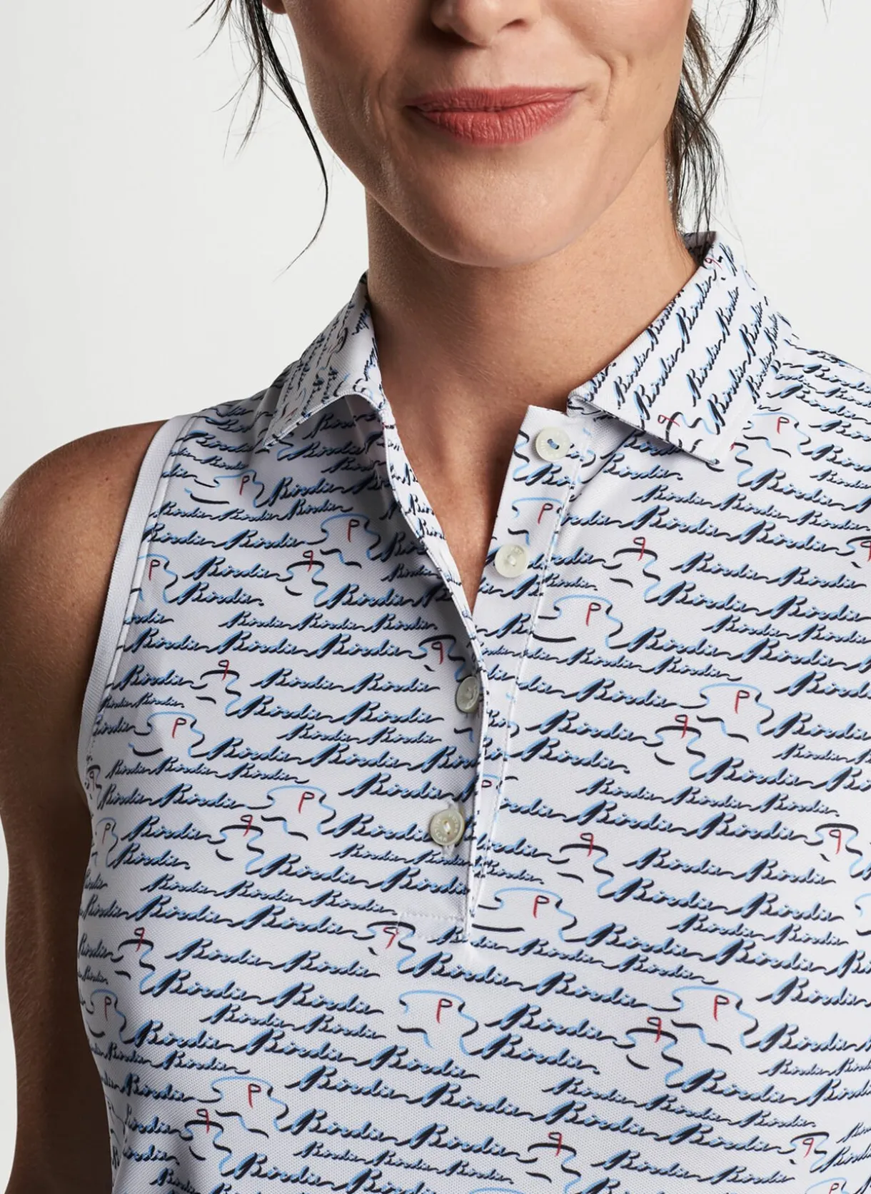 Banded Sport Mesh Birdie Print Sleeveless Button Polo