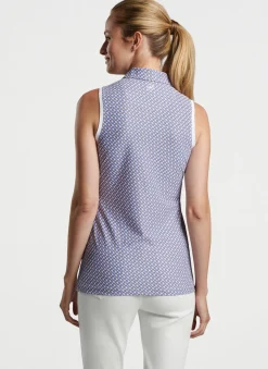 Banded Sport Mesh Links Print Sleeveless Button Polo
